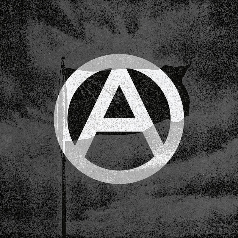 Photo of a black flag with an encircled A on top of it